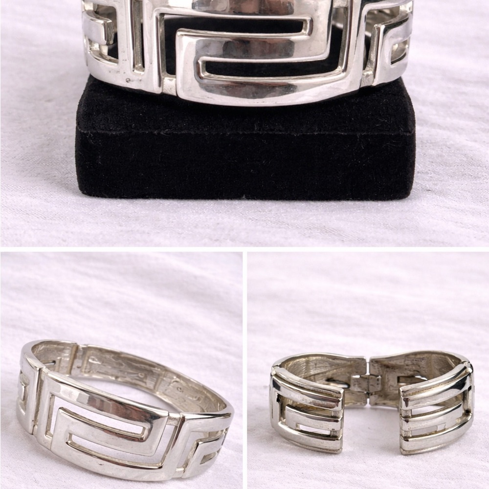 Vintage Silver Tone Geometric Hinged Cuff Bracelet Statement Modernist - Picture 4 of 5